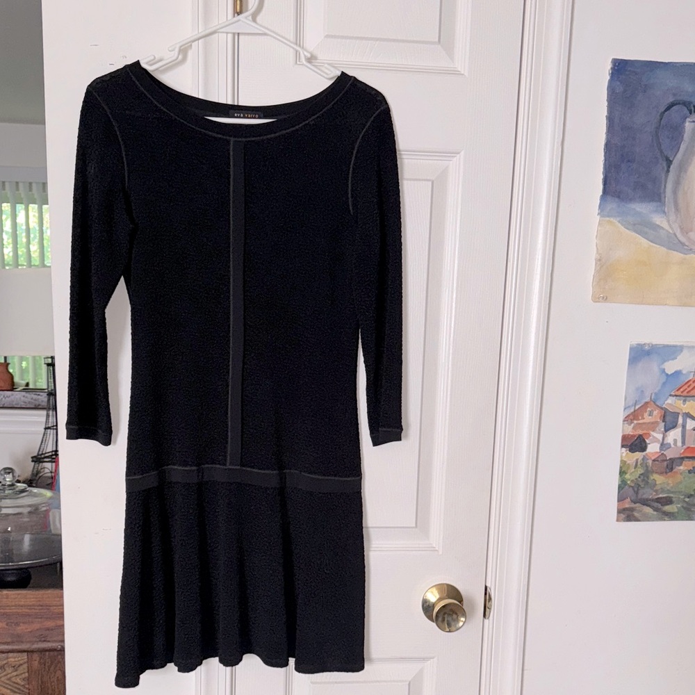 Eva Varro Black Cocktail Mini. Drop-waist. Swing skirt. Textured. Worn 1x. S.